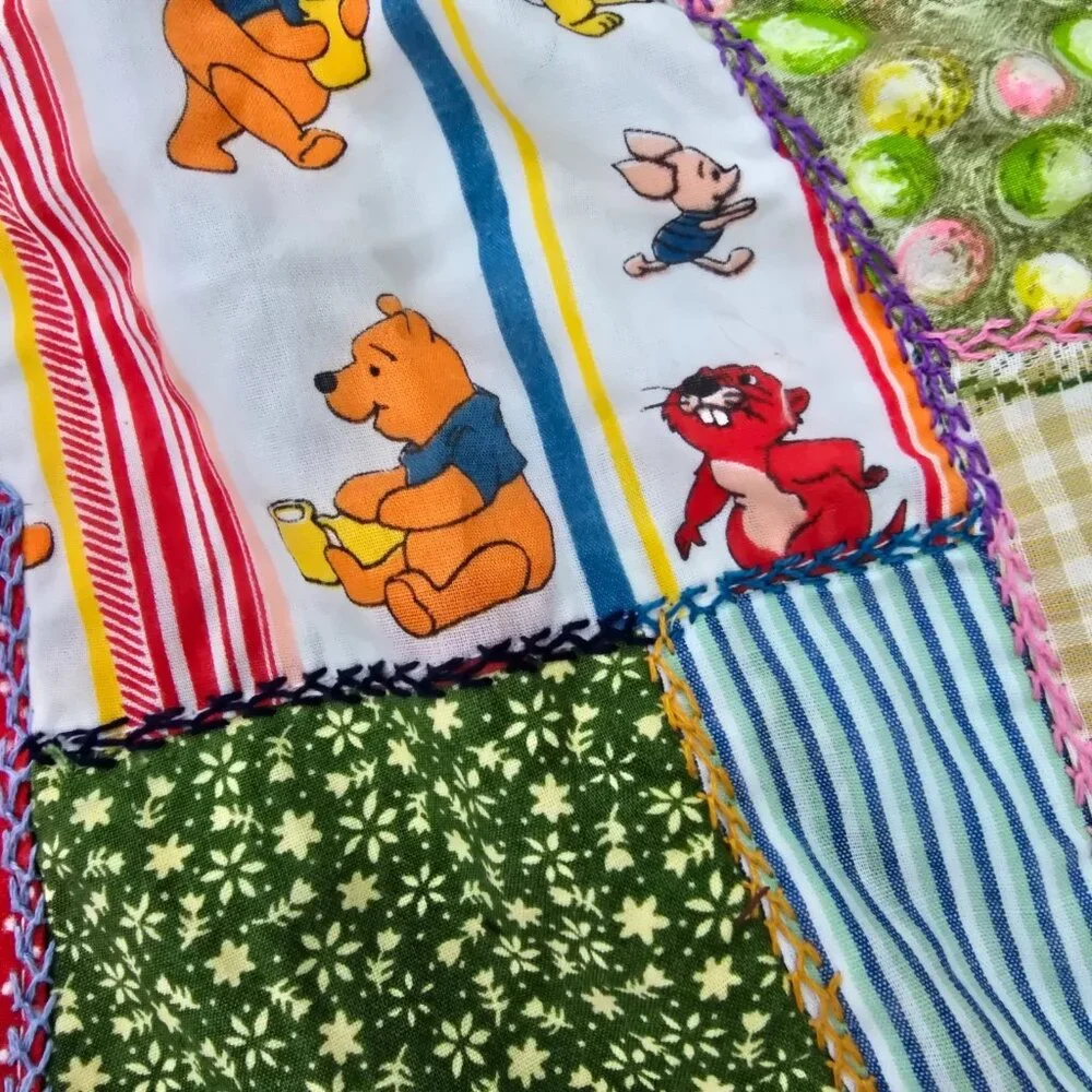 Vintage Crazy Quilt Top 1940s 50s Feedsack Patchwork Hand Embroidery 66x85